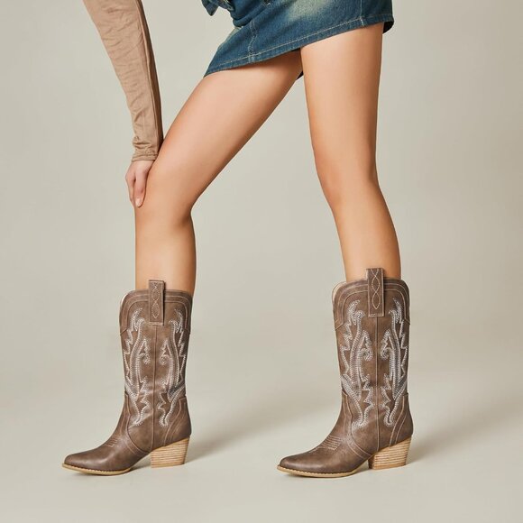 Women Brown Mid-calf Cowboy  Pointy Toe Embroidered Western Cowgirl Boots - Picture 5 of 7